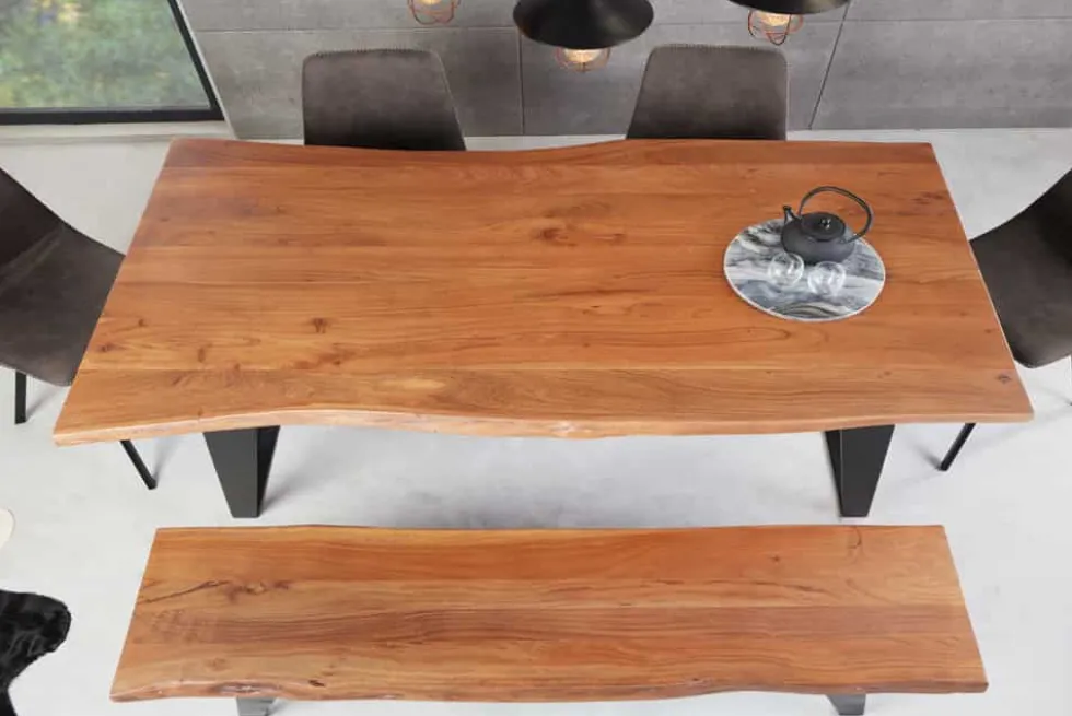 Massivholz Esstisch ORGANIC ARTWORK 180cm Akazie Industrial Design Eisengestell Baumkante