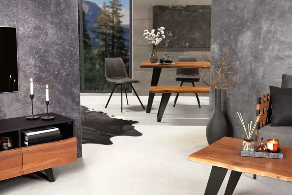 Massivholz Esstisch ORGANIC ARTWORK 180cm Akazie Industrial Design Eisengestell Baumkante