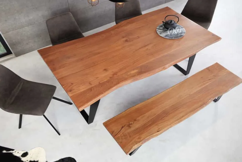 Massivholz Esstisch ORGANIC ARTWORK 180cm Akazie Industrial Design Eisengestell Baumkante