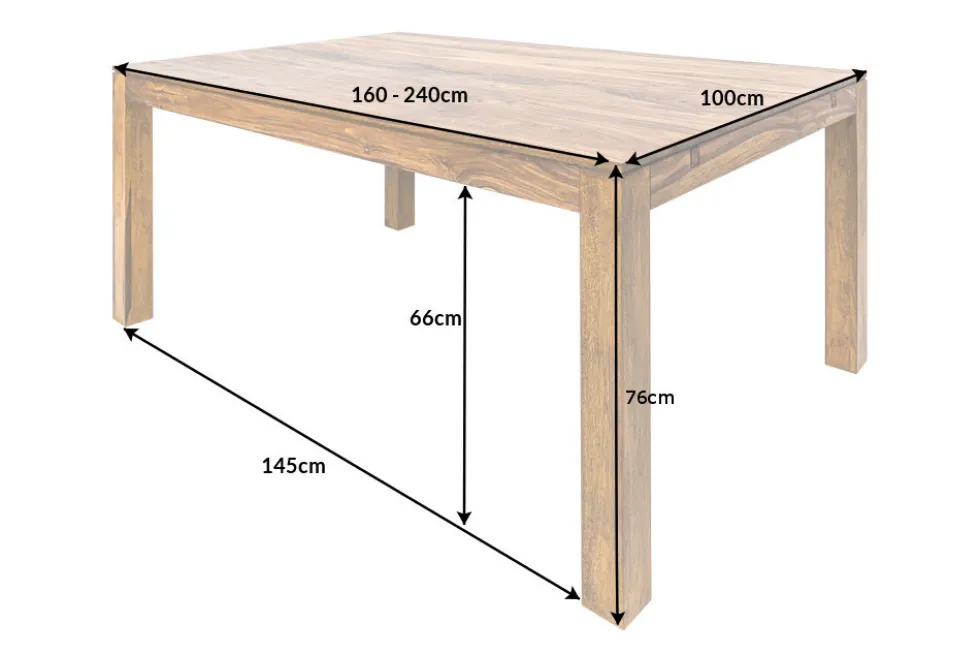 Massivholz Esstisch PURE 160-240cm braun Sheesham stone finish mit Ansteckplatten