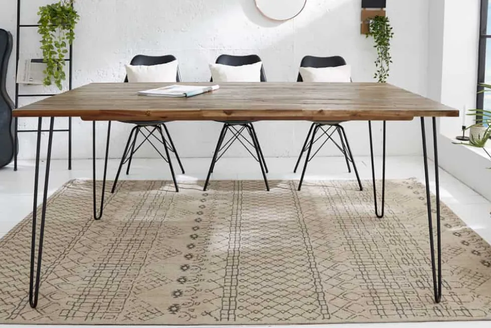 Massivholz Esstisch SCORPION 160cm braun Akazie schwarze Metallbeine Hairpin Legs Retro