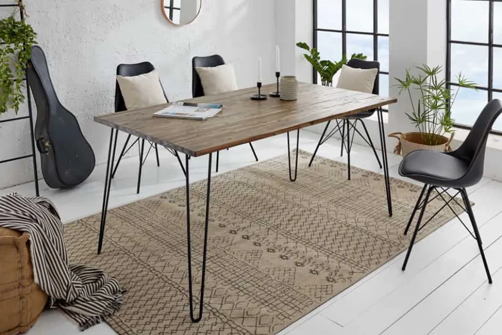 Massivholz Esstisch SCORPION 160cm braun Akazie schwarze Metallbeine Hairpin Legs Retro