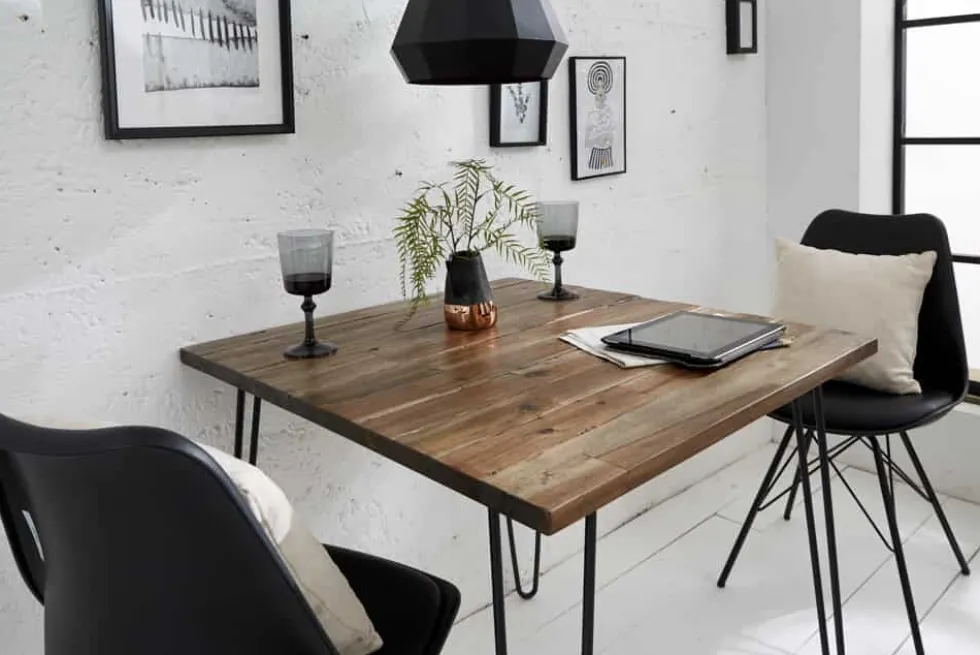 Massivholz Esstisch SCORPION 70cm vintage braun Akazie schwarze Metallbeine Hairpin Legs