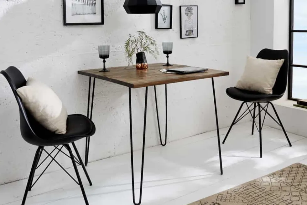 Massivholz Esstisch SCORPION 70cm vintage braun Akazie schwarze Metallbeine Hairpin Legs