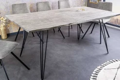 Massivholz Esstisch SCORPION 140cm grau Akazie Baumkante schwarze Metallbeine Hairpin Legs