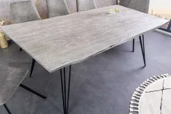 Massivholz Esstisch SCORPION 140cm grau Akazie Baumkante schwarze Metallbeine Hairpin Legs