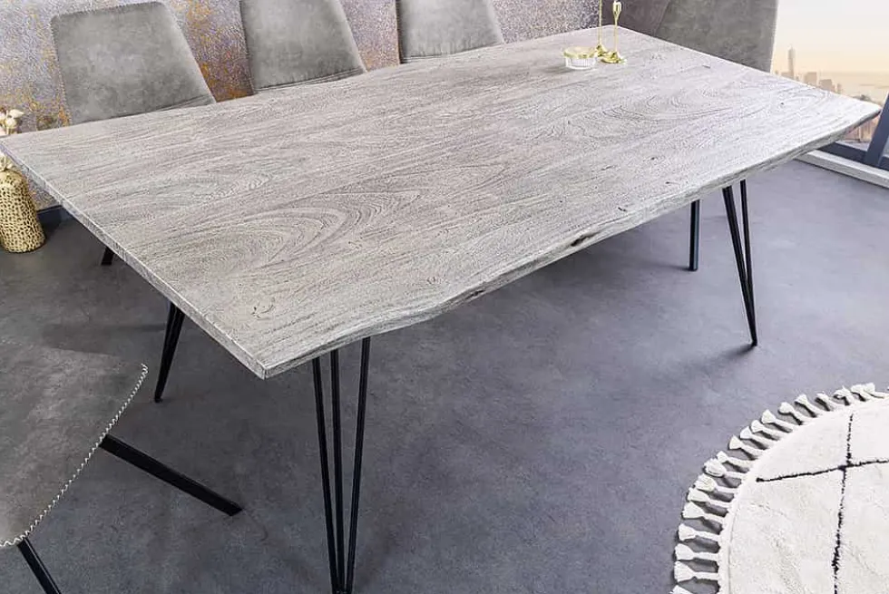 Massivholz Esstisch SCORPION 140cm grau Akazie Baumkante schwarze Metallbeine Hairpin Legs