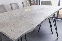 Massivholz Esstisch SCORPION 140cm grau Akazie Baumkante schwarze Metallbeine Hairpin Legs