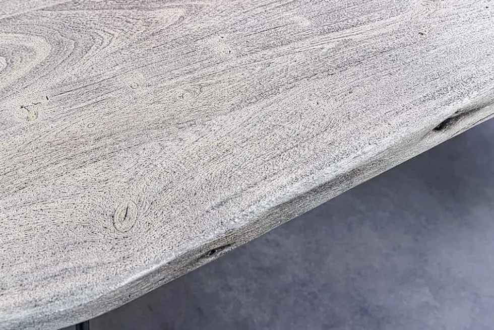 Massivholz Esstisch SCORPION 140cm grau Akazie Baumkante schwarze Metallbeine Hairpin Legs