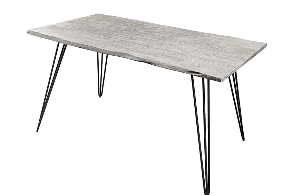 Massivholz Esstisch SCORPION 140cm grau Akazie Baumkante schwarze Metallbeine Hairpin Legs