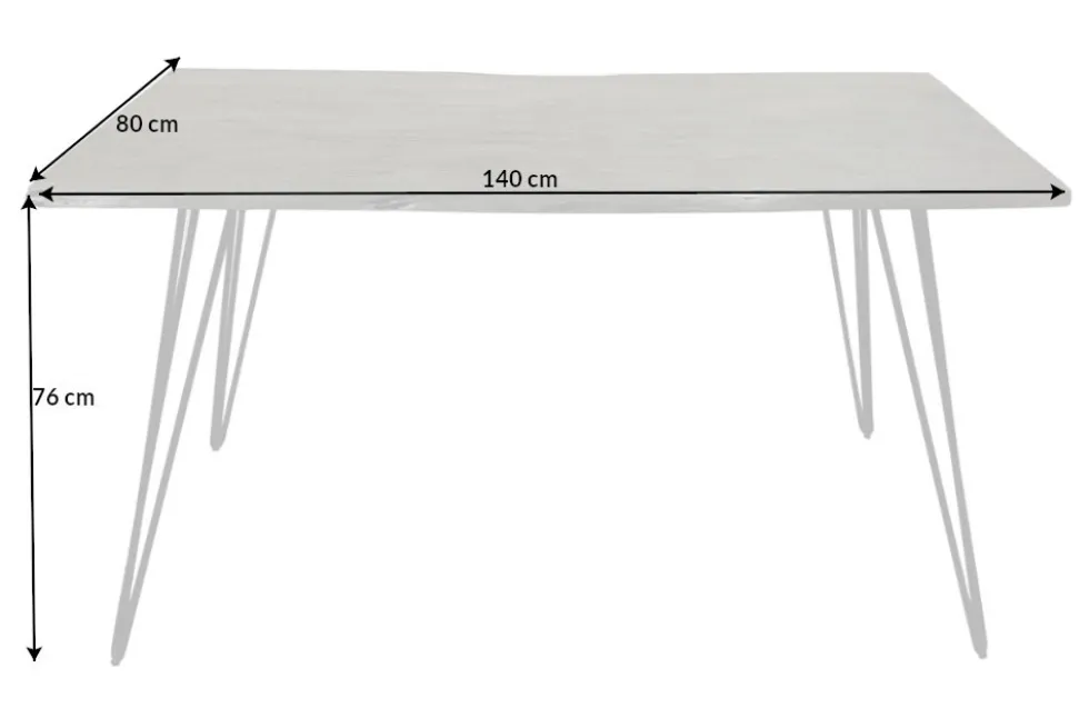 Massivholz Esstisch SCORPION 140cm grau Akazie Baumkante schwarze Metallbeine Hairpin Legs