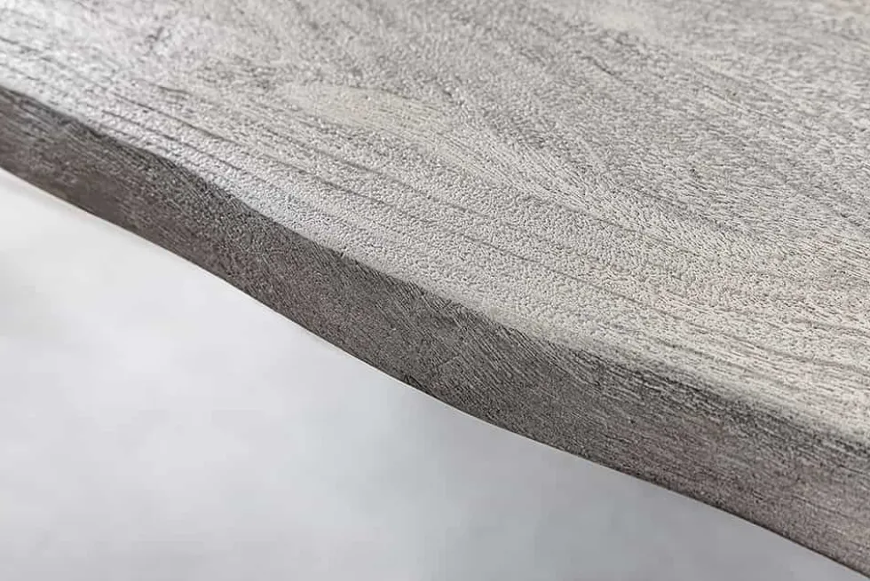 Massivholz Esstisch SCORPION 140cm grau Akazie Baumkante schwarze Metallbeine Hairpin Legs