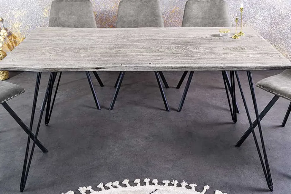 Massivholz Esstisch SCORPION 140cm grau Akazie Baumkante schwarze Metallbeine Hairpin Legs