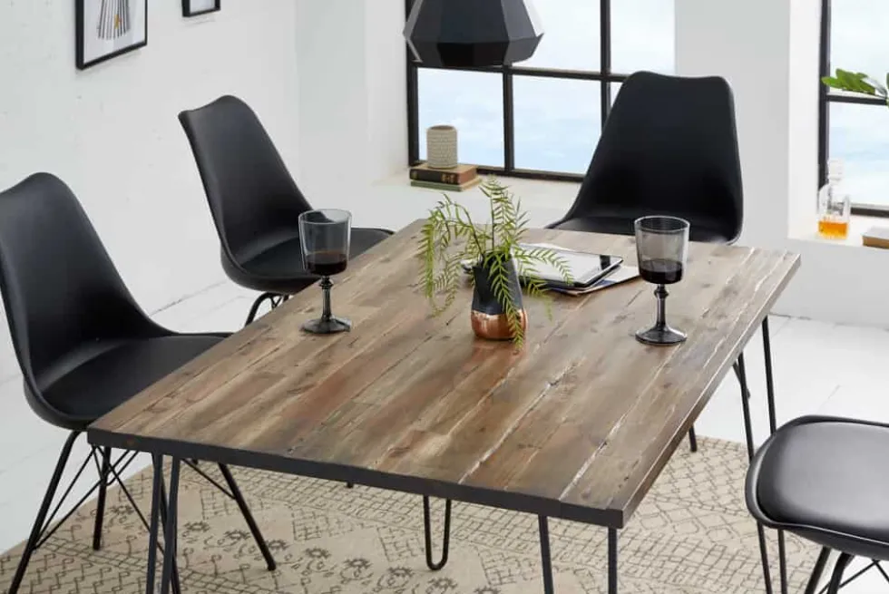 Massivholz Esstisch SCORPION 120cm braun Akazie schwarze Metallbeine Hairpin Legs Retro