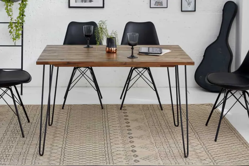 Massivholz Esstisch SCORPION 120cm braun Akazie schwarze Metallbeine Hairpin Legs Retro