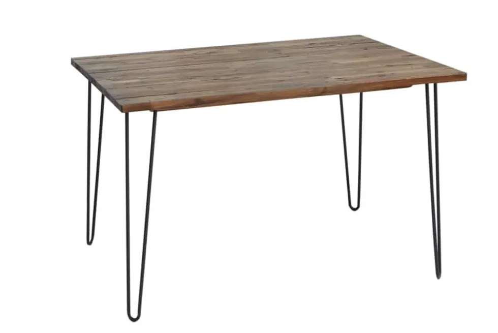 Massivholz Esstisch SCORPION 120cm braun Akazie schwarze Metallbeine Hairpin Legs Retro