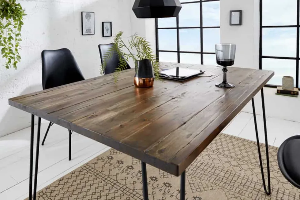 Massivholz Esstisch SCORPION 120cm braun Akazie schwarze Metallbeine Hairpin Legs Retro