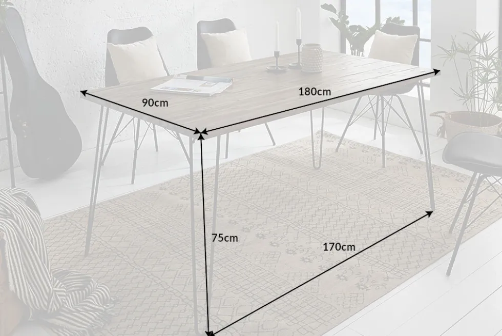 Massivholz Esstisch SCORPION 180cm braun Akazie schwarze Metallbeine Hairpin Legs Retro