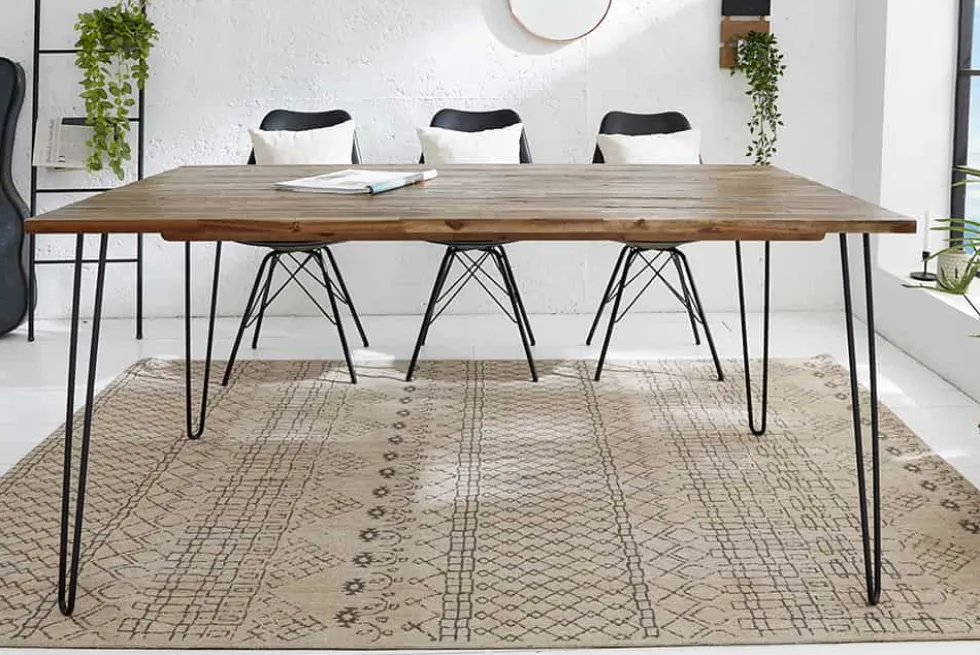 Massivholz Esstisch SCORPION 180cm braun Akazie schwarze Metallbeine Hairpin Legs Retro