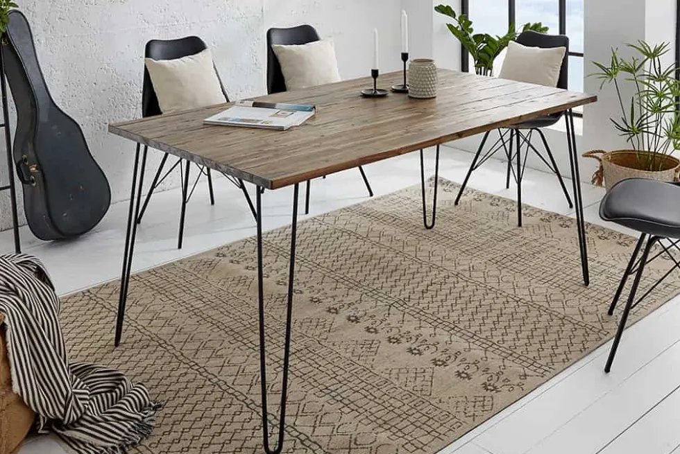 Massivholz Esstisch SCORPION 180cm braun Akazie schwarze Metallbeine Hairpin Legs Retro