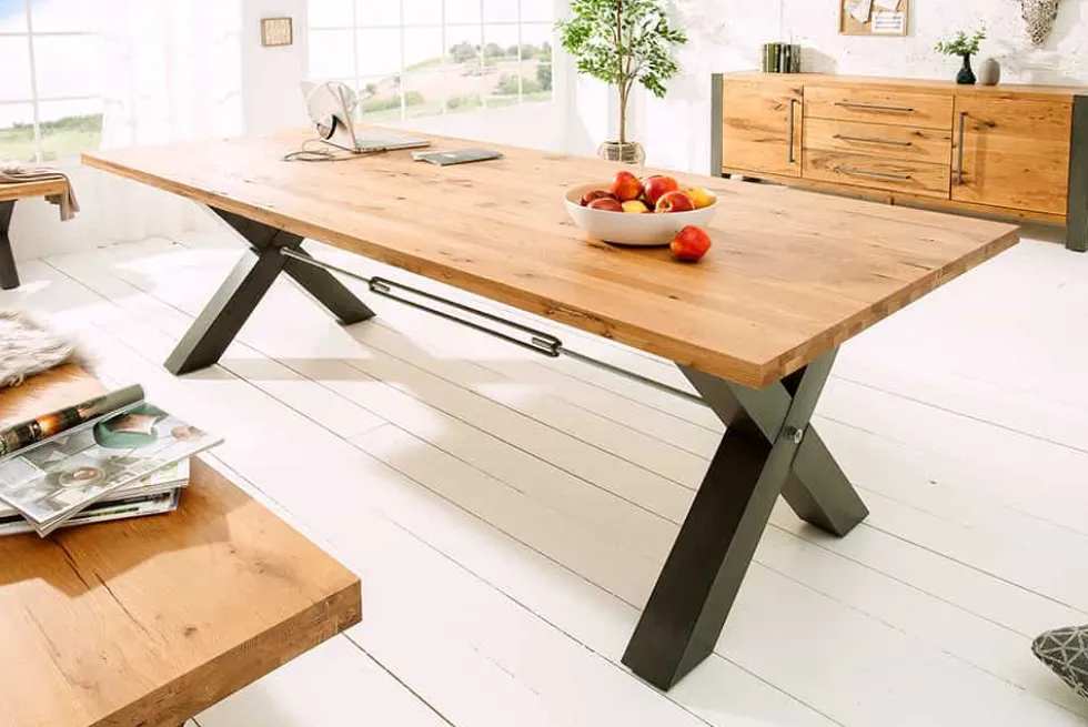 Massivholz Esstisch THOR 240cm natur Wildeiche geölt graues X-Gestell Metall Industrial Design