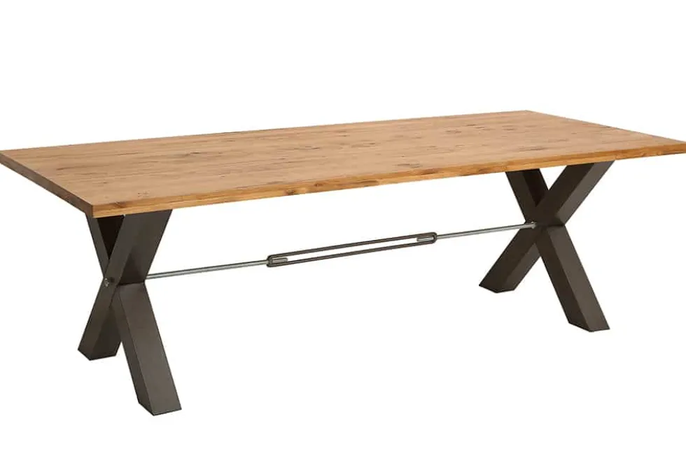 Massivholz Esstisch THOR 240cm natur Wildeiche geölt graues X-Gestell Metall Industrial Design