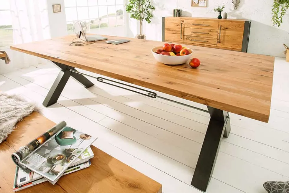 Massivholz Esstisch THOR 240cm natur Wildeiche geölt graues X-Gestell Metall Industrial Design