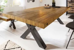 Massivholz Esstisch THOR 200cm vintage braun Pinie recycelt Industrial Design Eisen X-Gestell