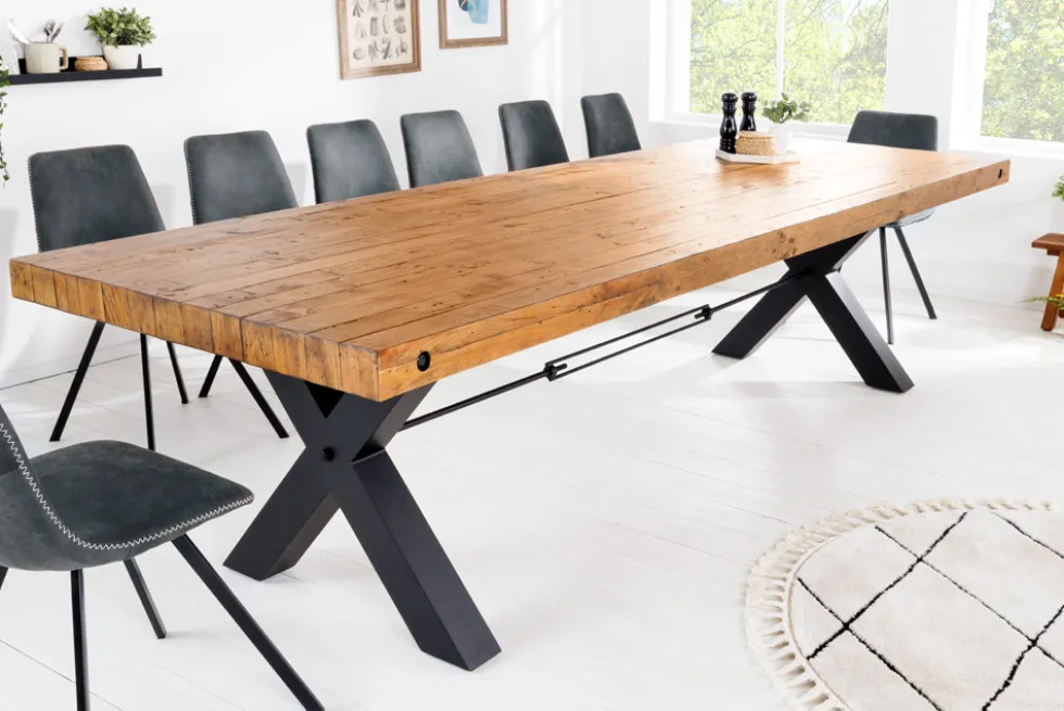 Massivholz Esstisch THOR 300cm vintage braun Pinie recycelt Industrial Design Eisen X-Gestell