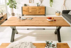 Massivholz Esstisch THOR 200cm natur Wildeiche geölt graues X-Gestell Metall Industrial Design