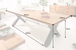Massivholz Esstisch THOR 200cm natur Wildeiche geölt graues X-Gestell Metall Industrial Design