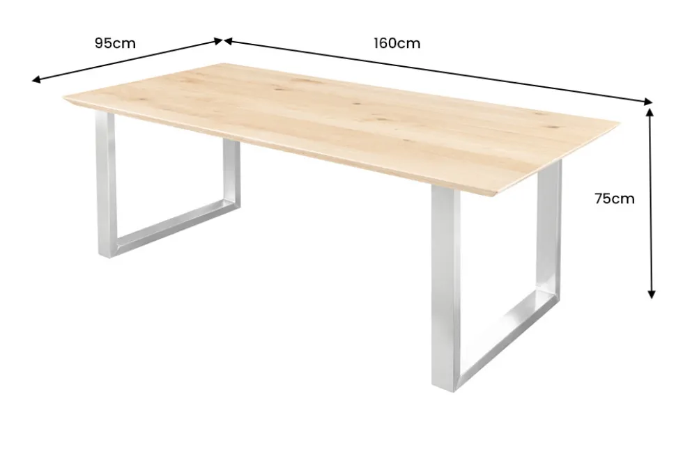Massivholz Esstisch WILD OAK 160cm natur Wildeiche Schweizer Kante Edelstahl U-Gestell