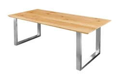 Massivholz Esstisch WILD OAK 160cm natur Wildeiche Schweizer Kante Edelstahl U-Gestell