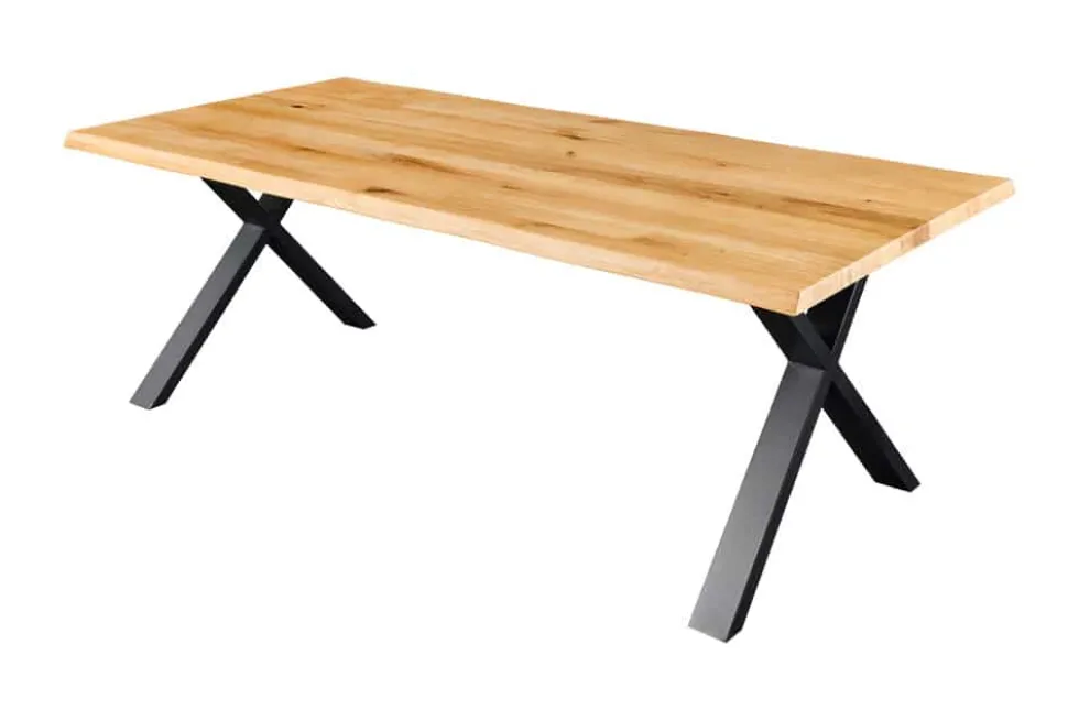 Massivholz Esstisch WILD OAK 200cm natur schwarz Wildeiche Baumkante geölt X-Gestell
