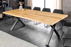 Massivholz Esstisch WILD OAK 160cm natur schwarz Wildeiche Baumkante geölt X-Gestell