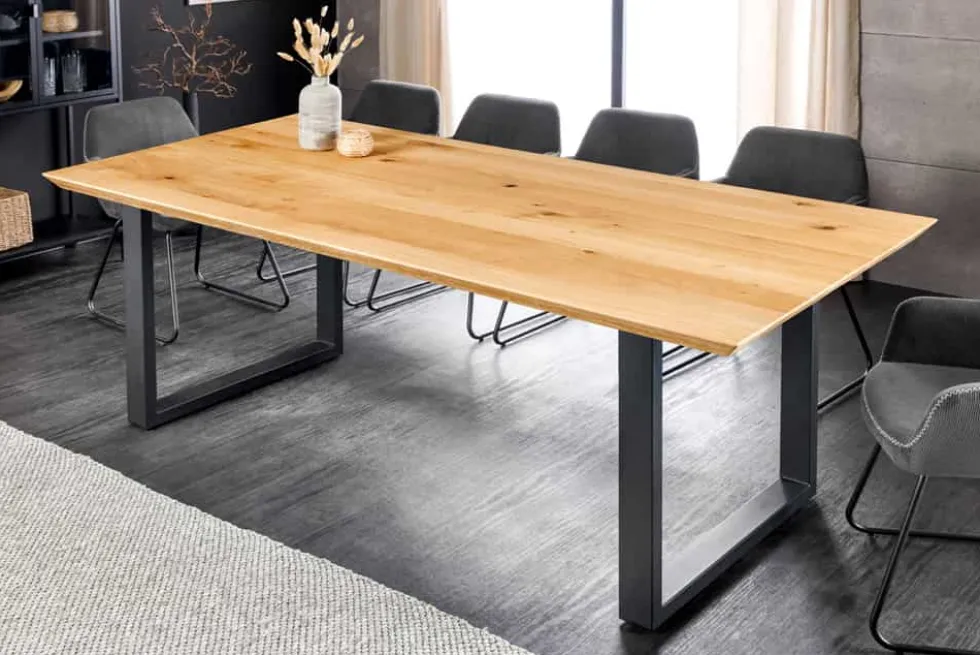 Massivholz Esstisch WILD OAK 160cm natur Wildeiche Schweizer Kante Metall U-Gestell