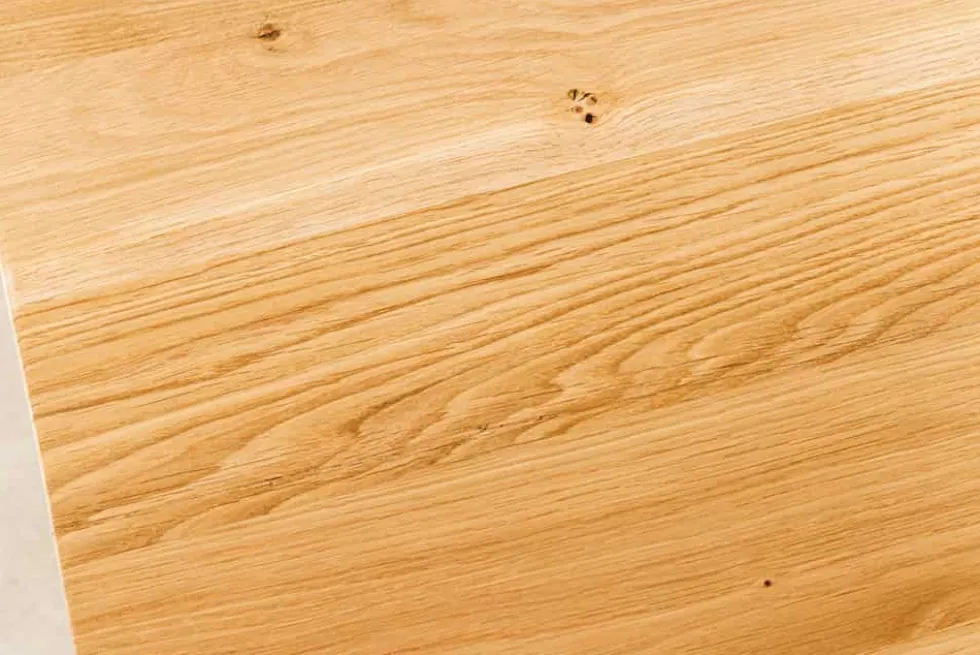 Massivholz Esstisch WILD OAK 200cm natur Wildeiche Schweizer Kante Edelstahl U-Gestell