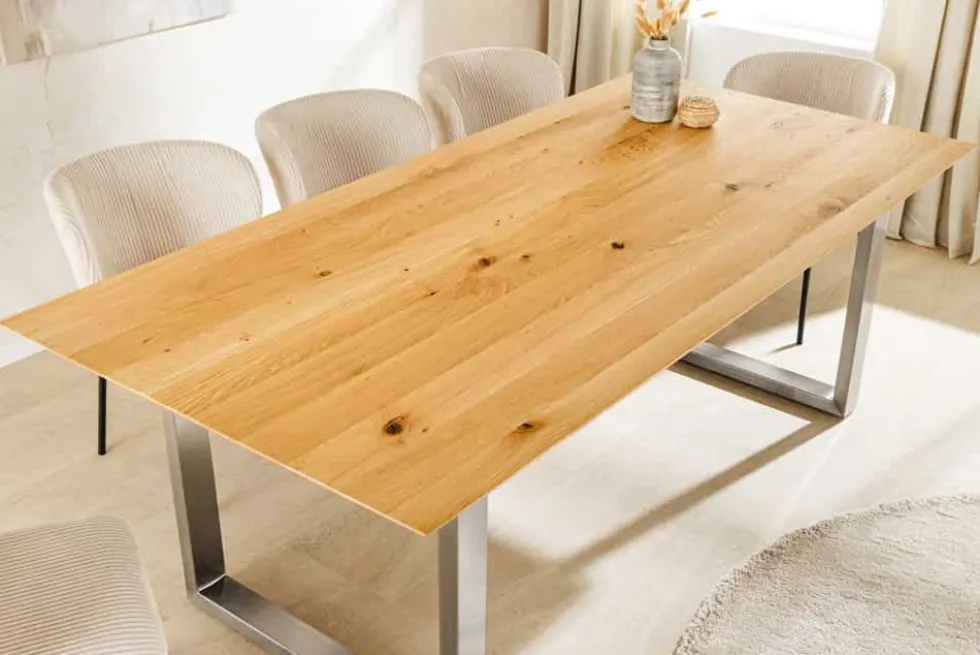 Massivholz Esstisch WILD OAK 200cm natur Wildeiche Schweizer Kante Edelstahl U-Gestell