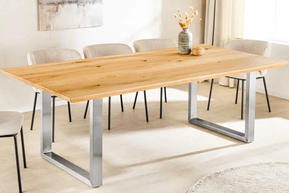 Massivholz Esstisch WILD OAK 200cm natur Wildeiche Schweizer Kante Edelstahl U-Gestell