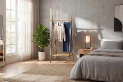 Massivholz Garderobe ZEN-BO 160cm natur Bambus Kleiderstange mit Ablage