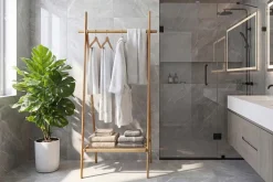 Massivholz Garderobe ZEN-BO 160cm natur Bambus Kleiderstange mit Ablage