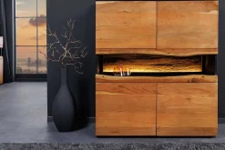 Massivholz Highboard GRAND ACACIA 120cm braun Akazie mit LED-Beleuchtung Baumkante