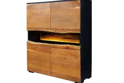 Massivholz Highboard GRAND ACACIA 120cm braun Akazie mit LED-Beleuchtung Baumkante