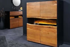 Massivholz Highboard GRAND ACACIA 120cm braun Akazie mit LED-Beleuchtung Baumkante