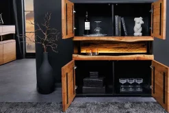 Massivholz Highboard GRAND ACACIA 120cm braun Akazie mit LED-Beleuchtung Baumkante