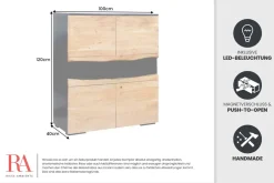Massivholz Highboard GRAND ACACIA 120cm braun Akazie mit LED-Beleuchtung Baumkante