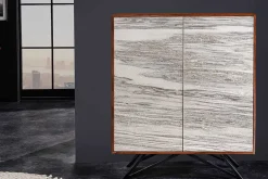 Massivholz Highboard MOUNTAIN SOUL 120cm echter Naturstein weiß Akazie Schrank Marmor-Design