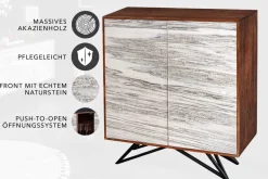 Massivholz Highboard MOUNTAIN SOUL 120cm echter Naturstein weiß Akazie Schrank Marmor-Design