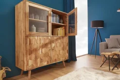 Massivholz Highboard MYSTIC LIVING 140cm Akazie natur Vitrine 3D-Oberfläche