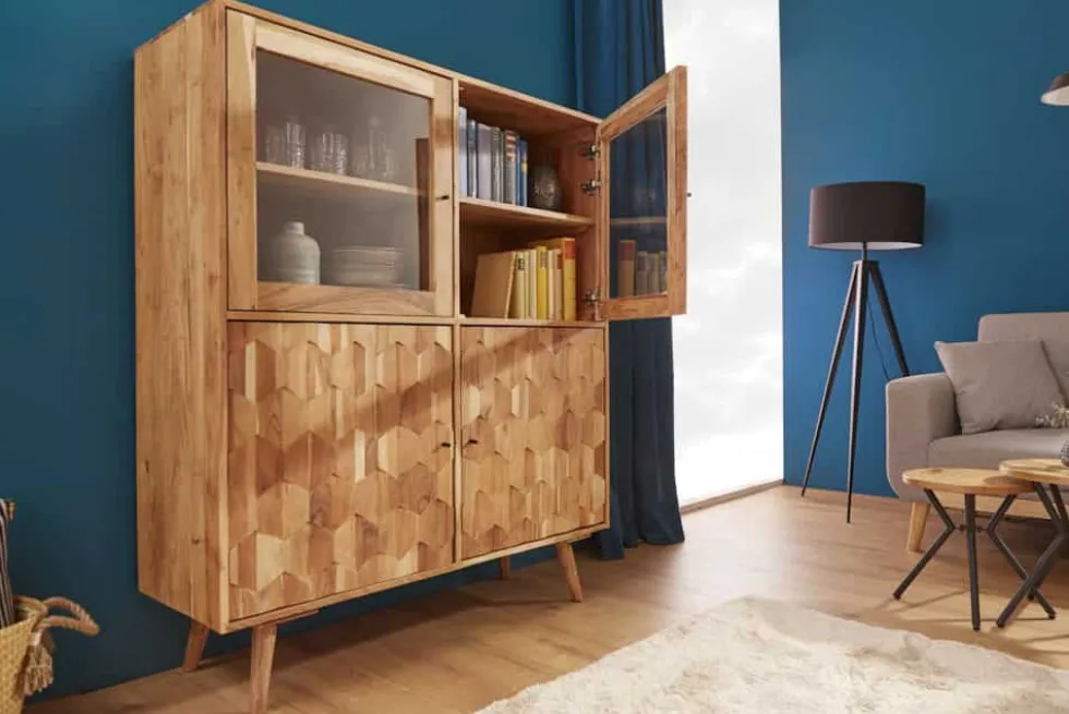 Massivholz Highboard MYSTIC LIVING 140cm Akazie natur Vitrine 3D-Oberfläche